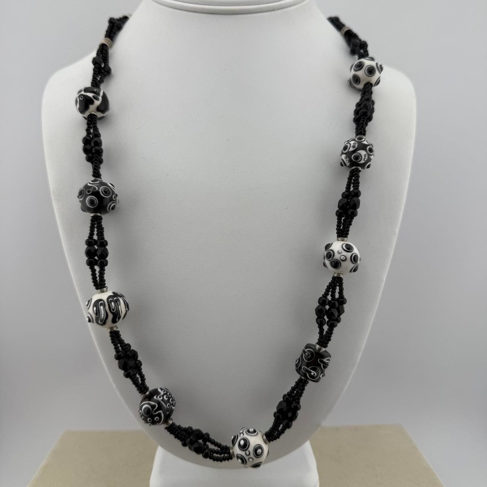Lampwork Beaded Necklace Swirl Glass Eye Pattern Monochrome Artsy Statement